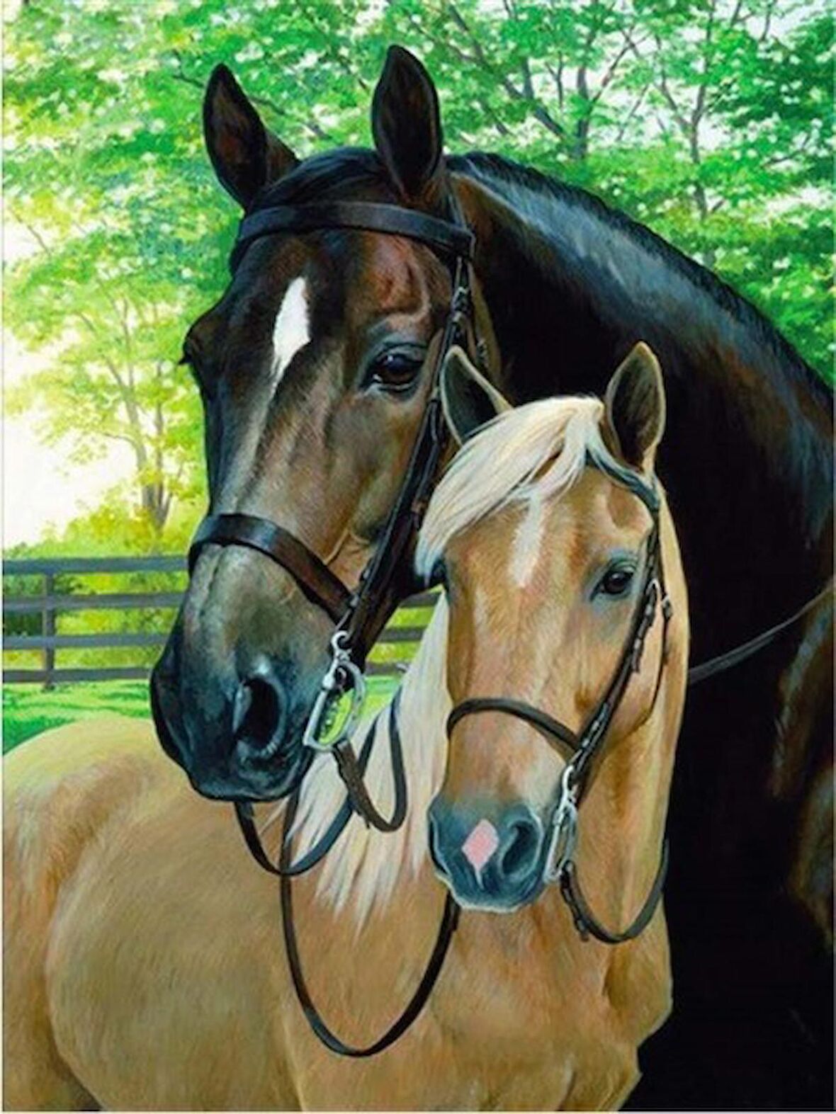 Movas Sanat At ve Yavrusu Elmas Mozaik Tablo / Hobi / Mozaik Puzzle 35 x 50cm E20201247M