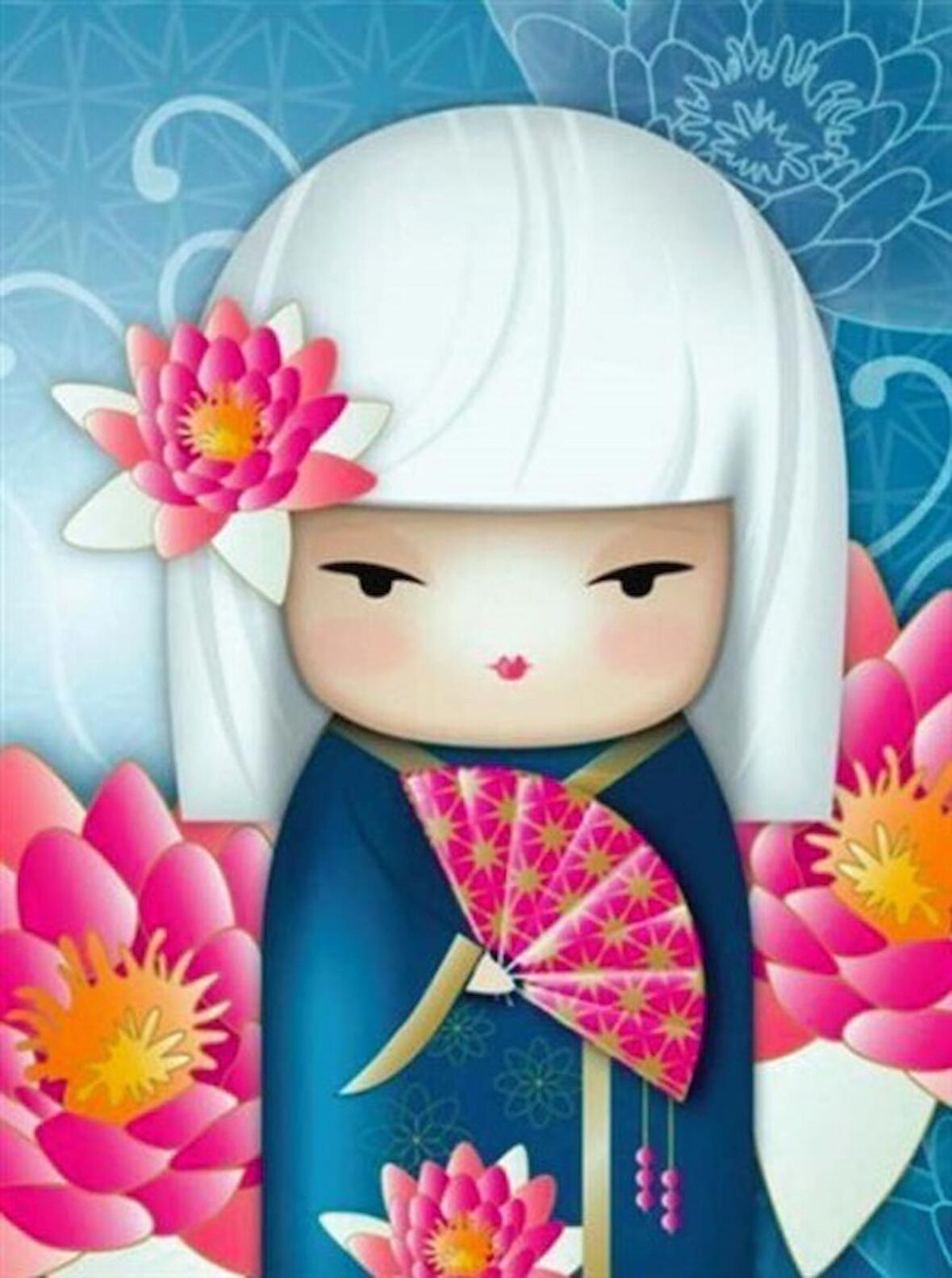 Movas Sanat Bir Japon Kızı ve Lotus Çiçekleri Elmas Mozaik Tablo / Mozaik Puzzle 35x50cm E20201382M