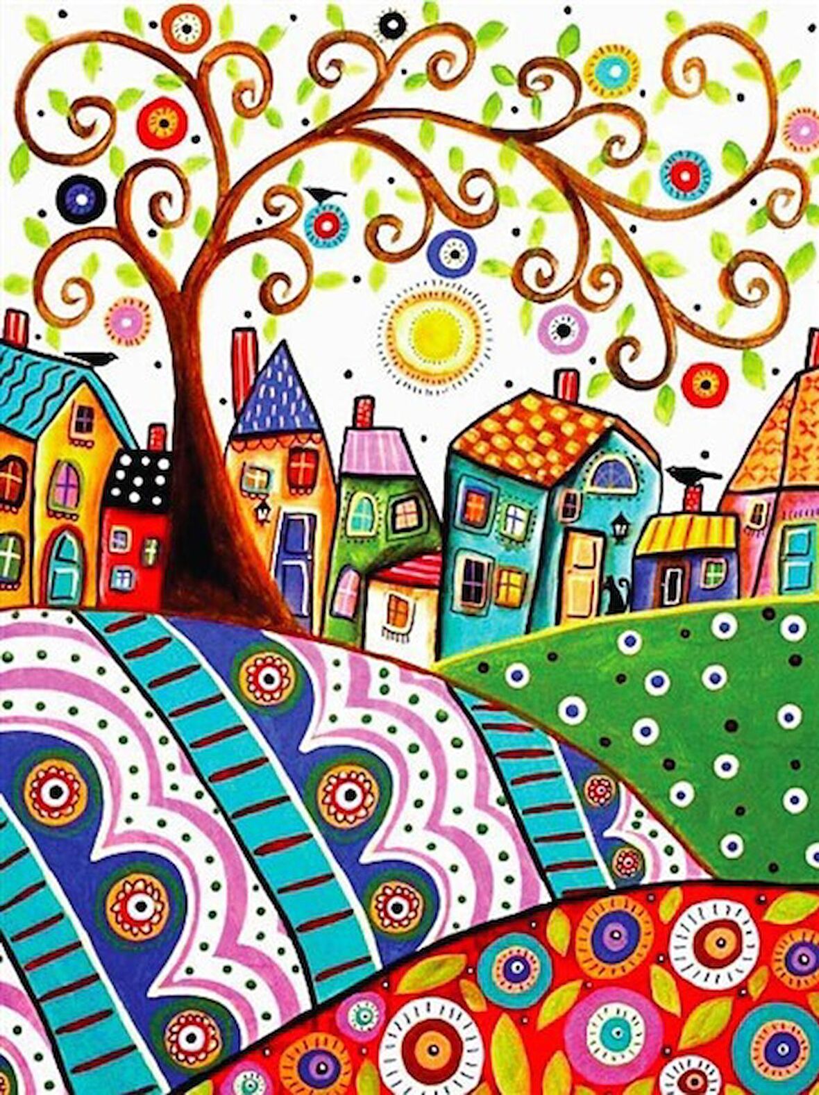 Movas Sanat Köy Evleri ve Tepeler Elmas Mozaik Tablo / Hobi / Mozaik Puzzle 40 x 55cm E2020-1425-M
