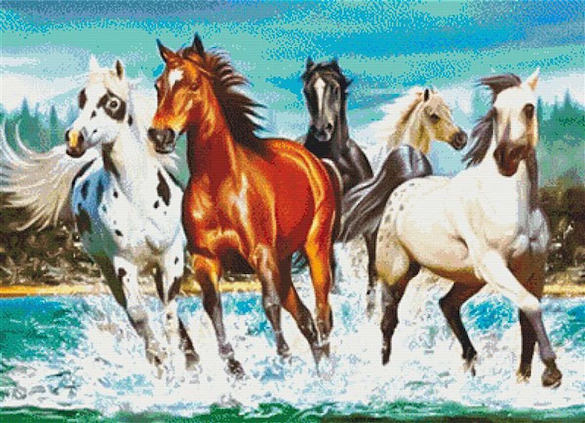 Movas Sanat Suda Yarışan Atlar Elmas Mozaik Tablo / Hobi / Mozaik Puzzle 50 x 35cm E2020-1701-M