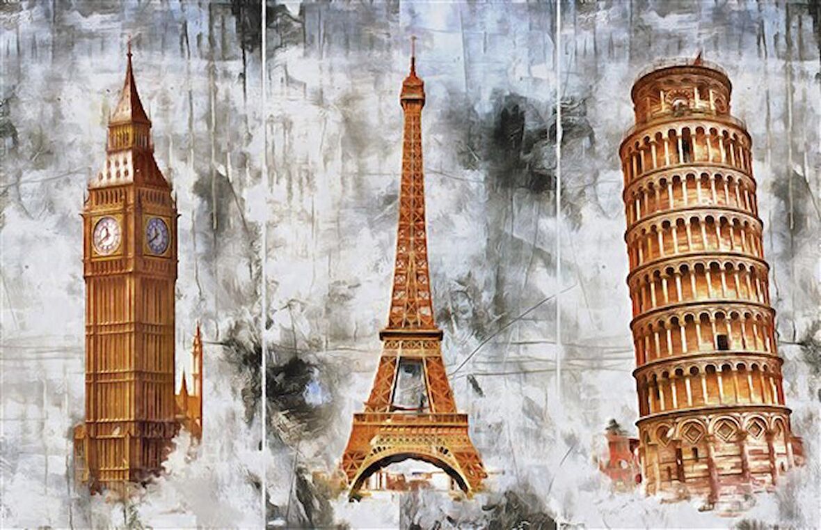 Movas Sanat Big Ben, Eyfel ve Pisa Elmas Mozaik Tablo / Hobi / Mozaik Puzzle 60x40cm E20201716M