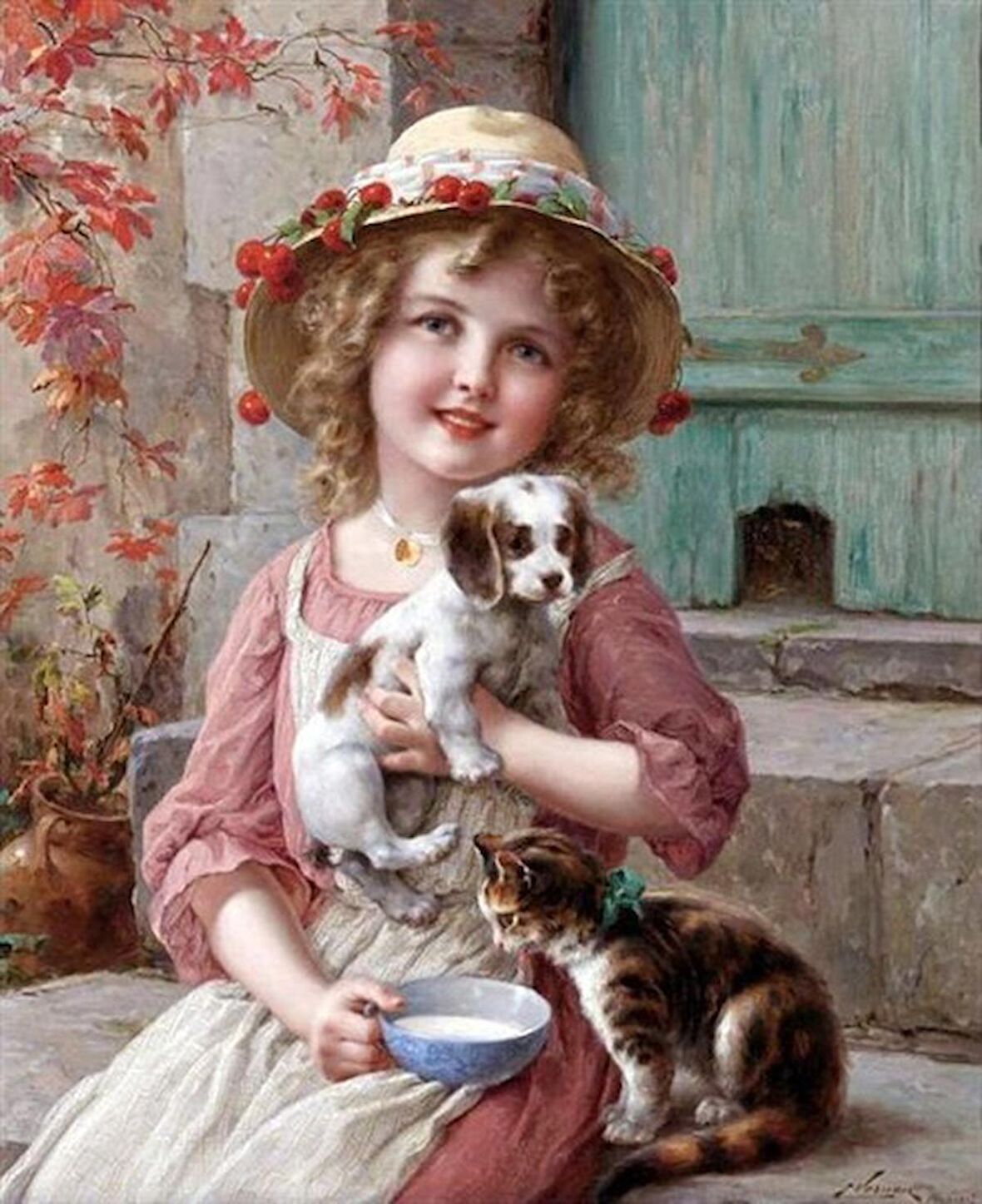 Movas Sanat Kedi ve Köpeğini Besleyen Küçük Kız  Elmas Mozaik Tablo/Mozaik Puzzle 48x60cm E20202192M
