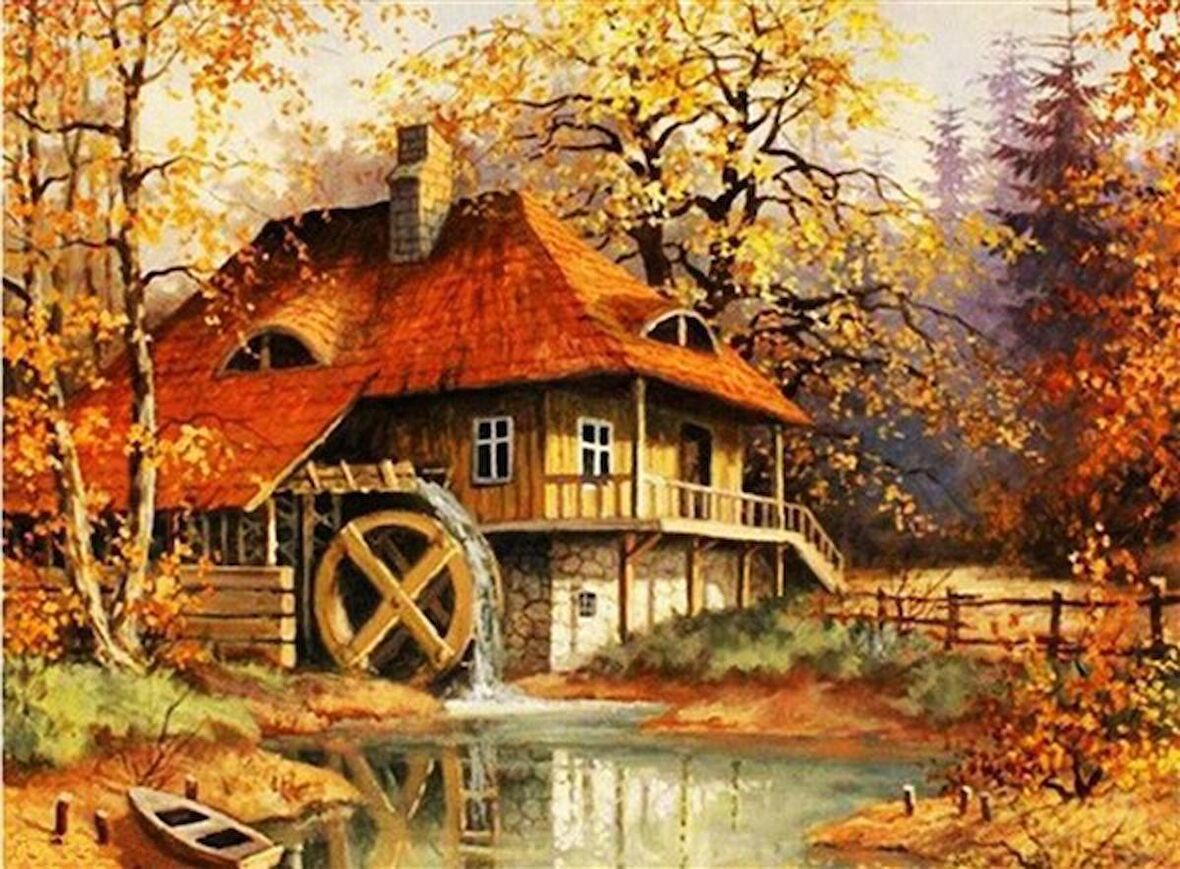 Movas Sanat Terk Edilmiş Ev Elmas Mozaik Tablo / Elmas Mozaik 50x35cm E20202414M