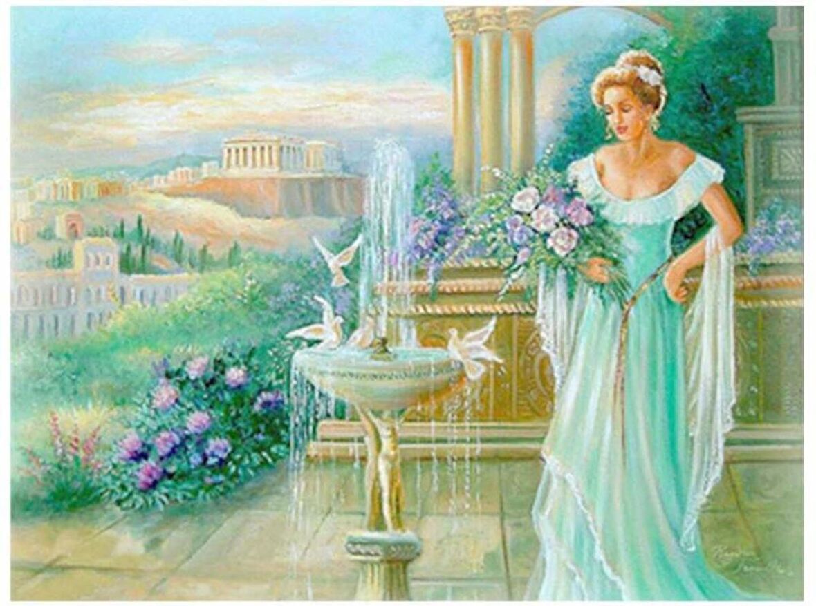 Movas Sanat Mavi Elbiseli Zarif Kadın Elmas Mozaik Tablo / Hobi / Mozaik Puzzle 50x50cm E20202713M