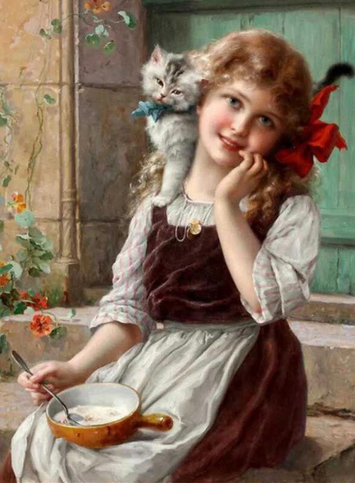 Movas Sanat Yemek Yiyen Küçük Kız ve Kedisi Elmas Mozaik Tablo / Mozaik Puzzle 40x60cm E20202753M