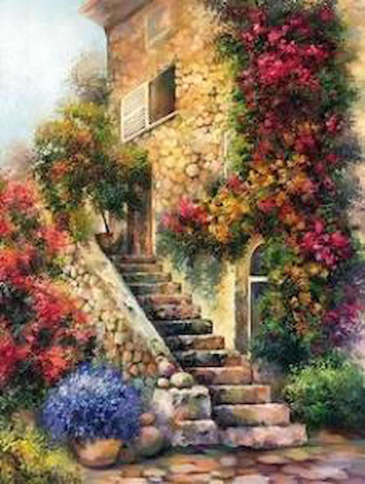 Movas Sanat Çiçekli Merdiven Elmas Mozaik Tablo / Boncuk Goblen 40x52cm E20203162M