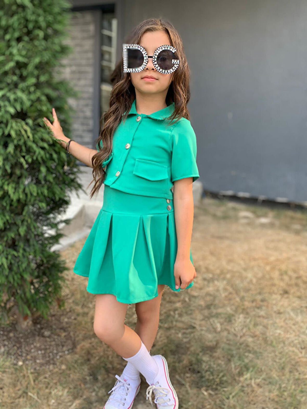 Kız Çocuk Pileli , Kısakollu Ceketli Etek Takım 