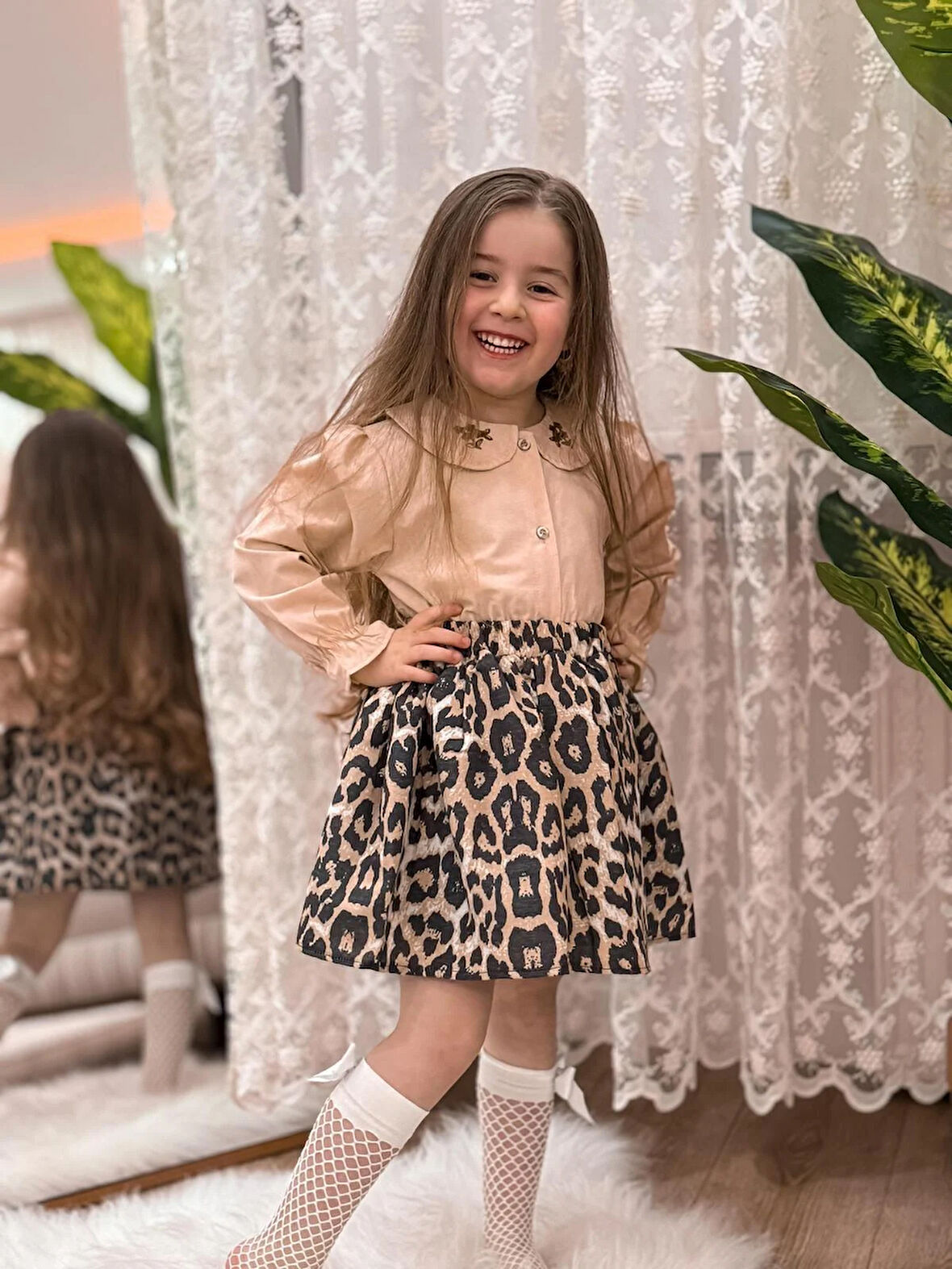 Kız Çocuk Nakış ve Leopar Detaylı Elbise 