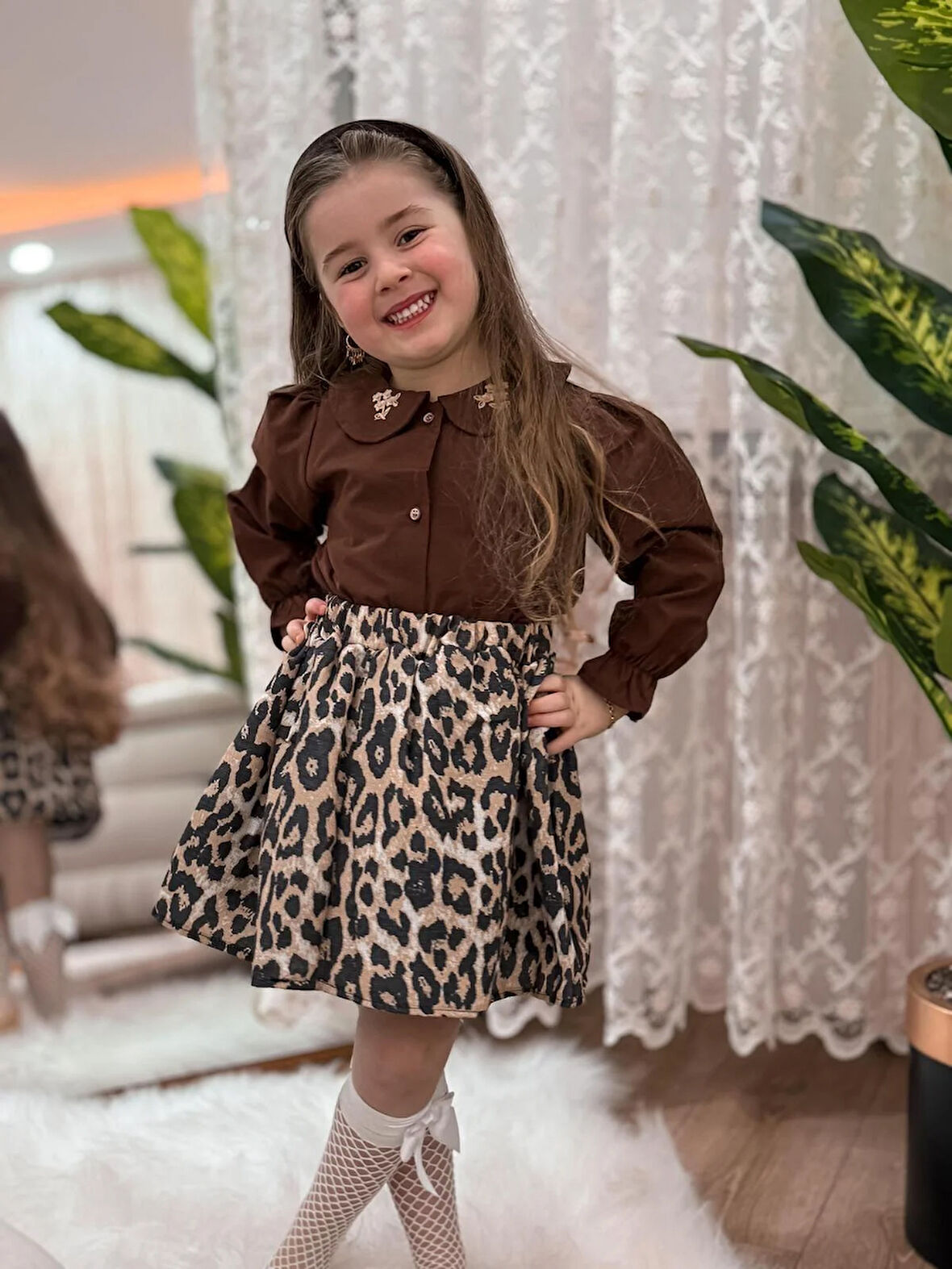 Kız Çocuk Nakış ve Leopar Detaylı Elbise 