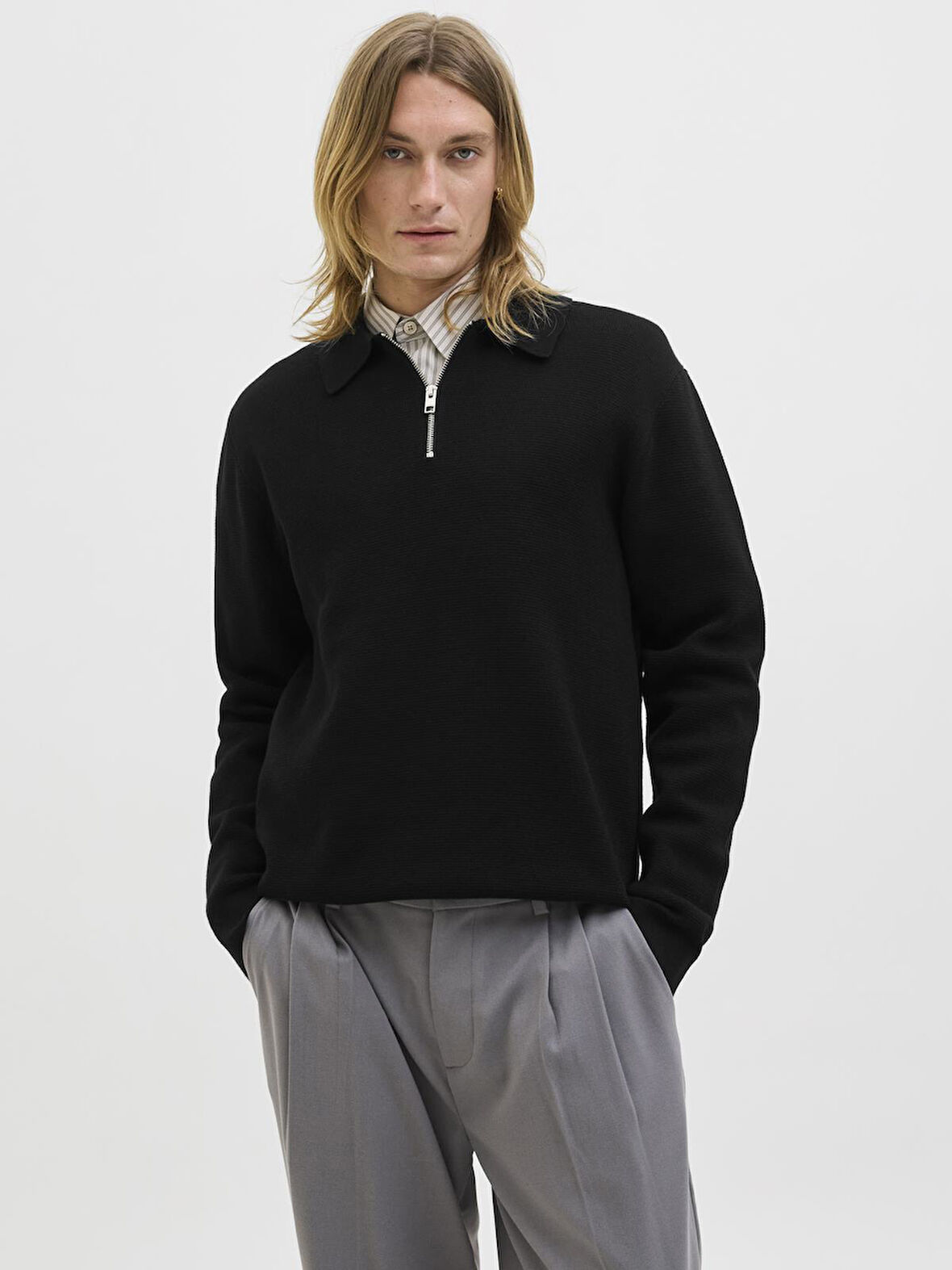 JPRBLAMILANO STITCH KNIT ZIP POLO SN Black