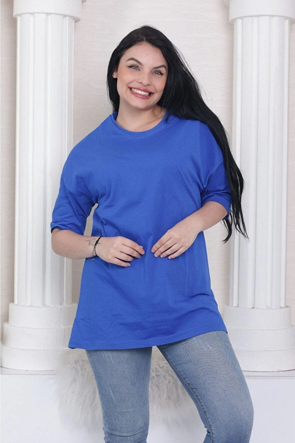 Süper Kalite Unisex Sax Mavisi Pamuk Bisiklet Yaka Oversize Boyfriend T-shirt Kadın Erkek