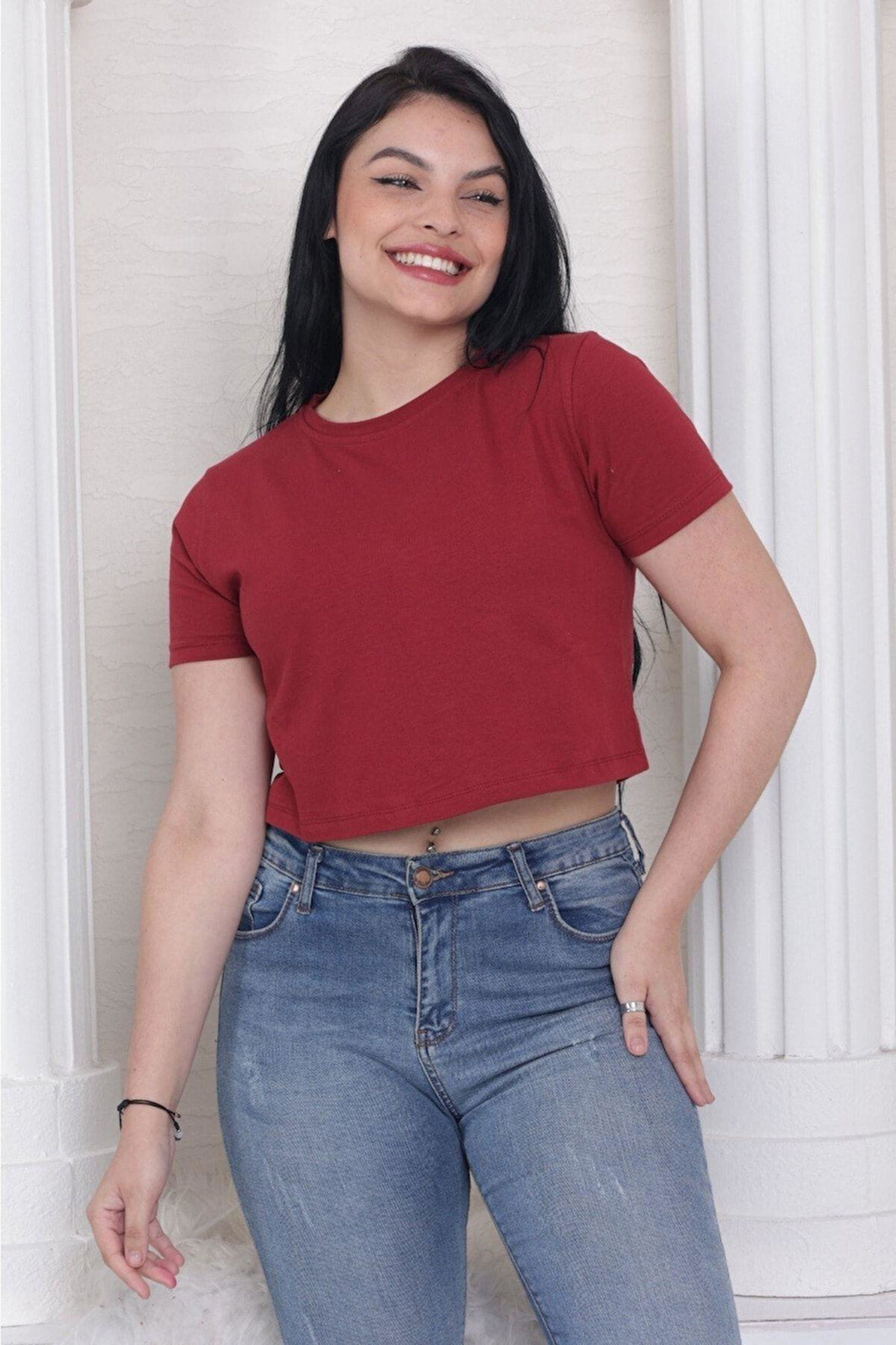 Süper kalite kadın pamuk penye bordo kısa kol crop top