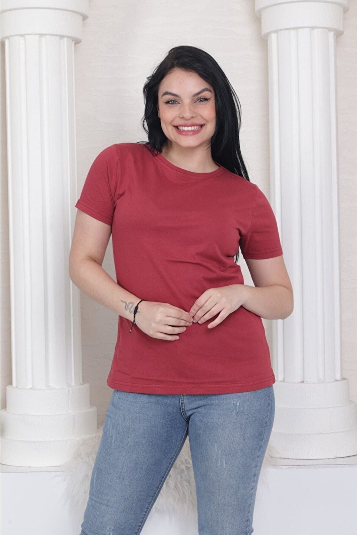 %100 Pamuk süper kalite kadın tişört düz renk bordo bisiklet yaka organik pamuk penye t-shirt