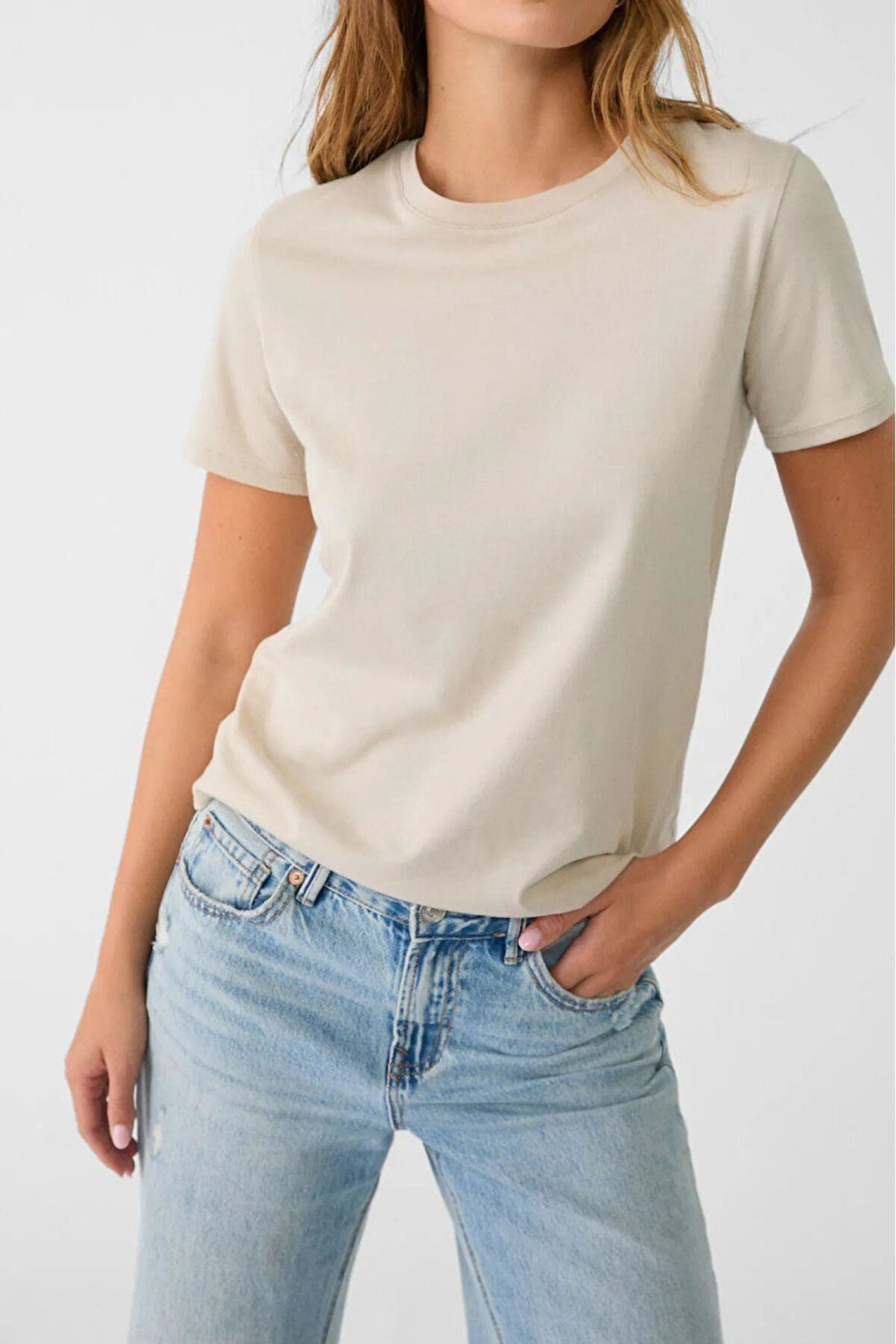 %100 Pamuk süper kalite kadın tişört düz renk bej bisiklet yaka organik pamuk penye t-shirt