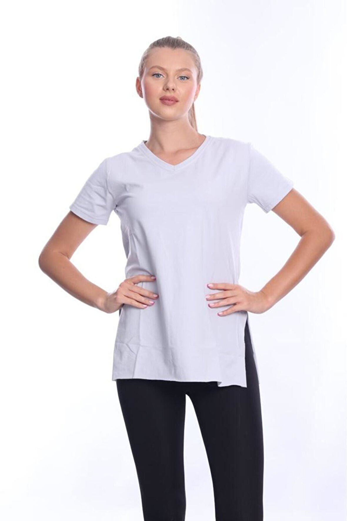 %100 Pamuk Kadın Düz Gri V yaka yanı yırtmaçlı asimetrik penye pamuk örme T-shirt tişört tunik