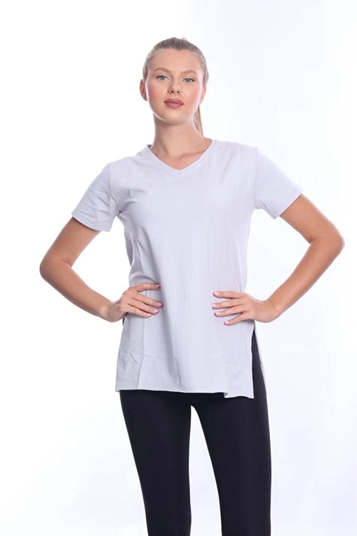 %100 Pamuk Kadın Düz Gri V yaka yanı yırtmaçlı asimetrik penye pamuk örme T-shirt tişört tunik