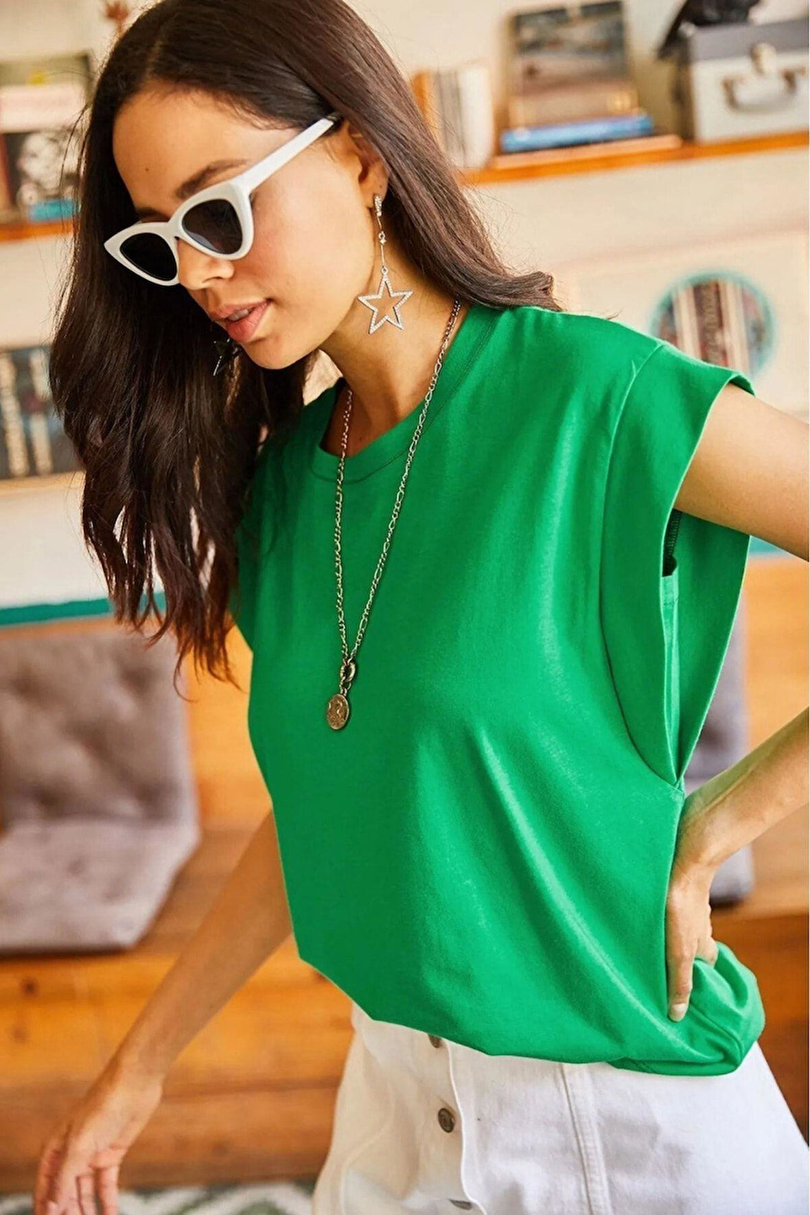 Yeşil %100 Pamuk Vatka Görünümlü Basic Bisiklet Yaka Örme T-Shirt