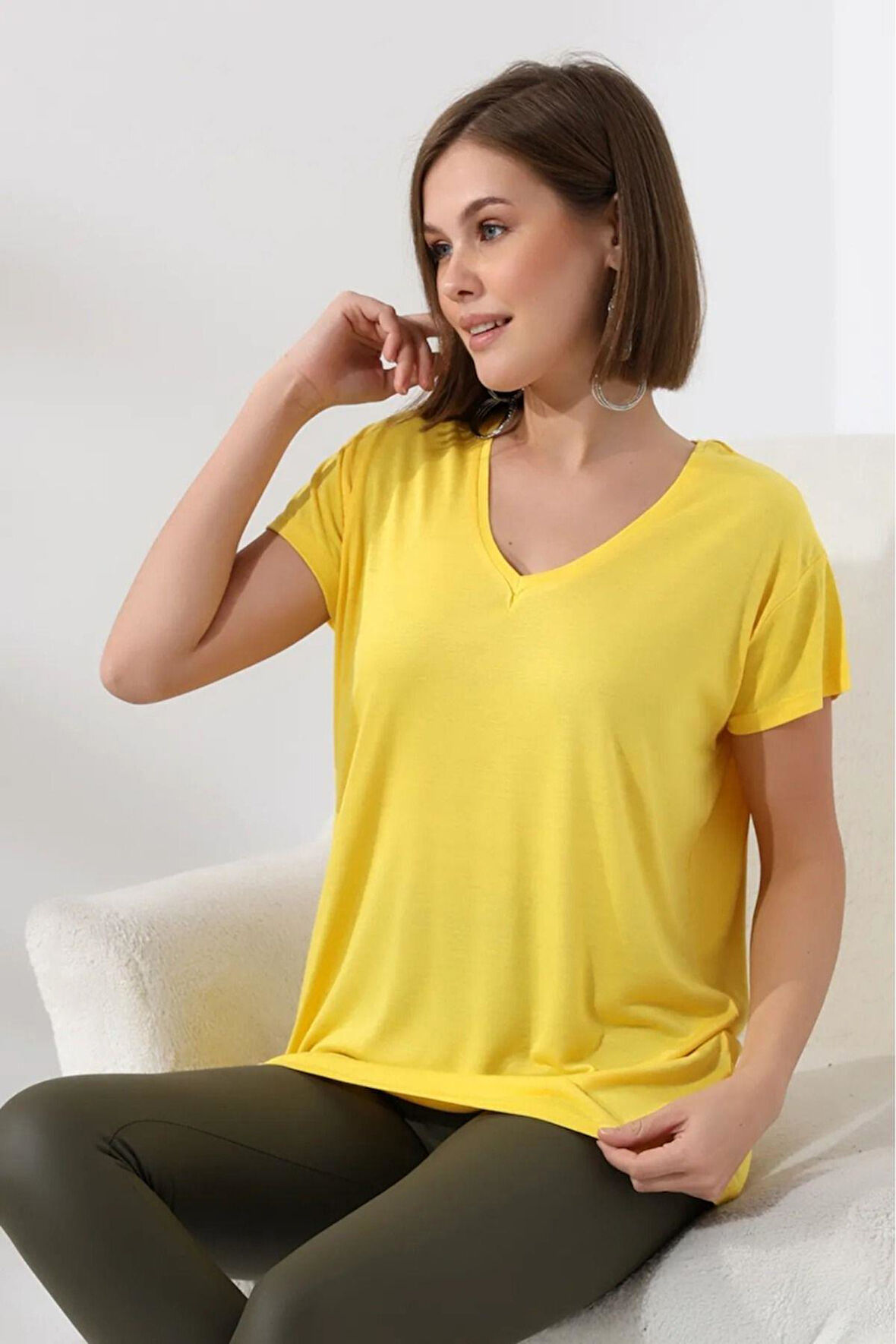 süper kalite Sarı V yaka kadın tişört düz renk basic organik pamuk örme penye t-shirt