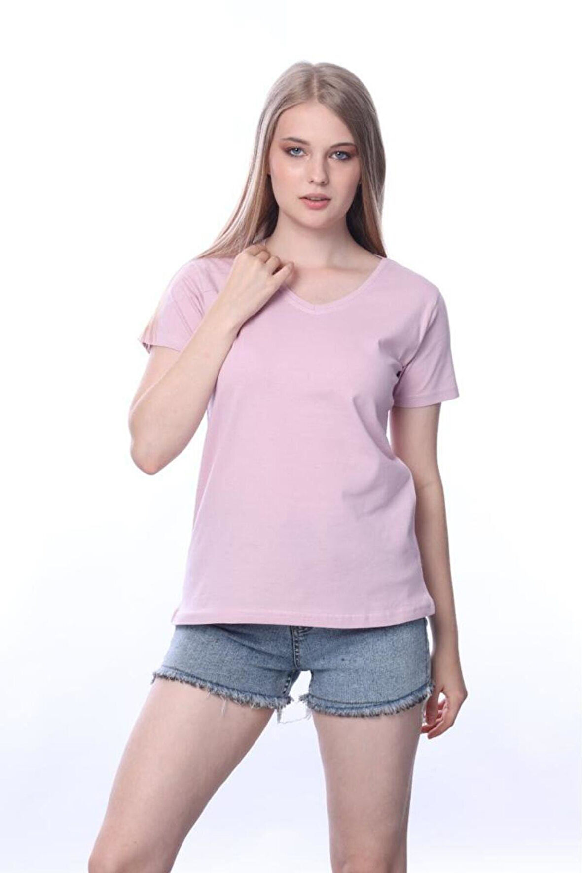 süper kalite Pembe V yaka kadın tişört düz renk basic organik pamuk örme penye t-shirt