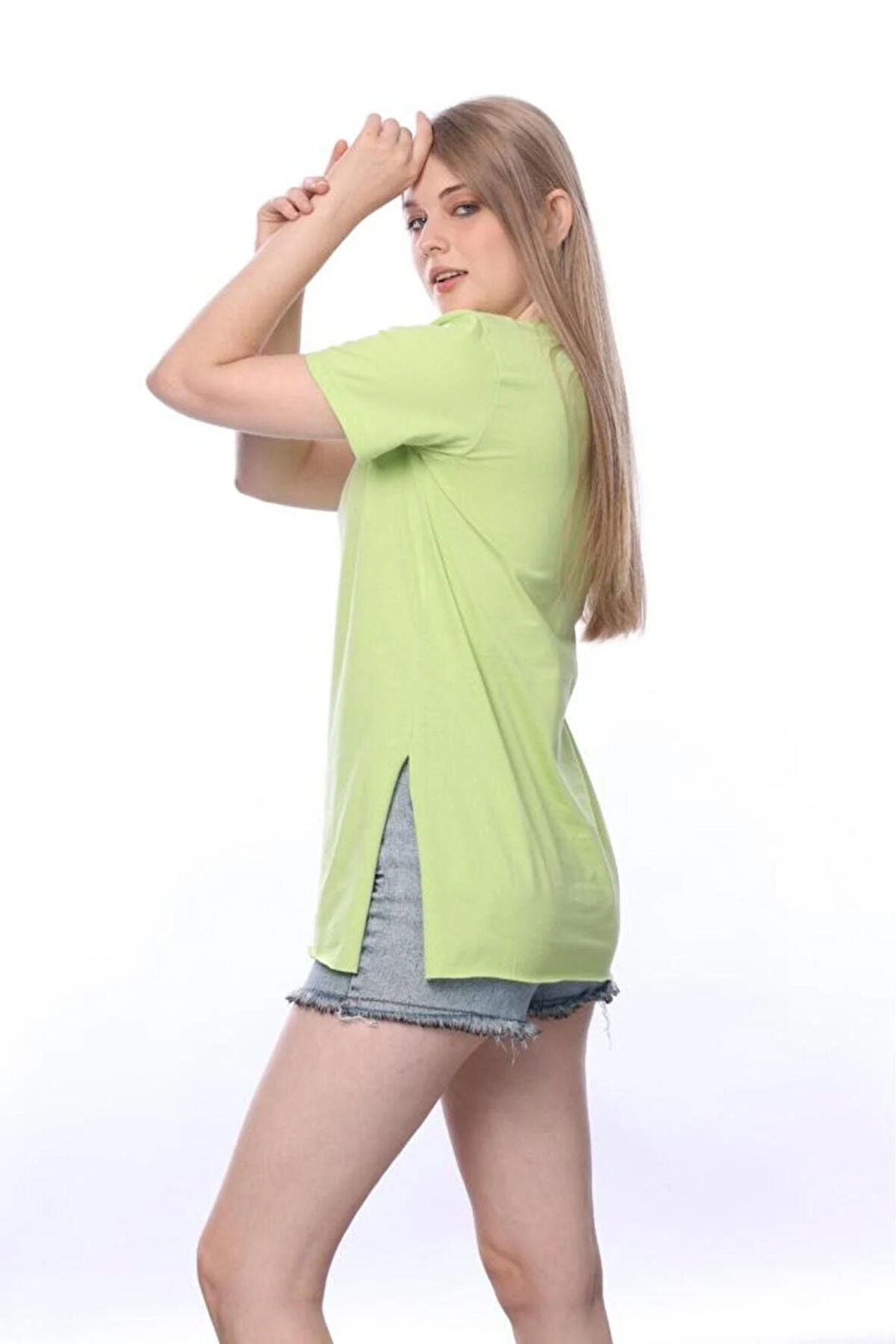 %100 Pamuk Kadın Yeşil V yaka yanı yırtmaçlı asimetrik penye pamuk örme T-shirt tişört tunik