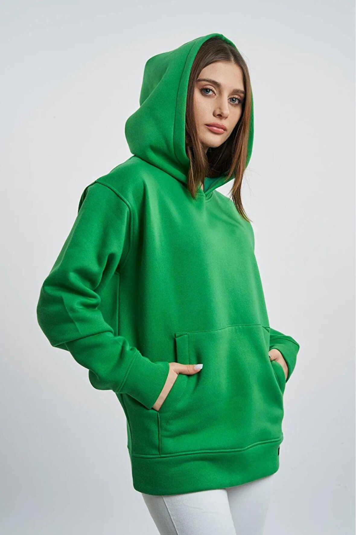% 100 Pamuk Kadın Soft Yeşil Basic 3 iplik oversize kapüşonlu kangru cepli sweatshirt