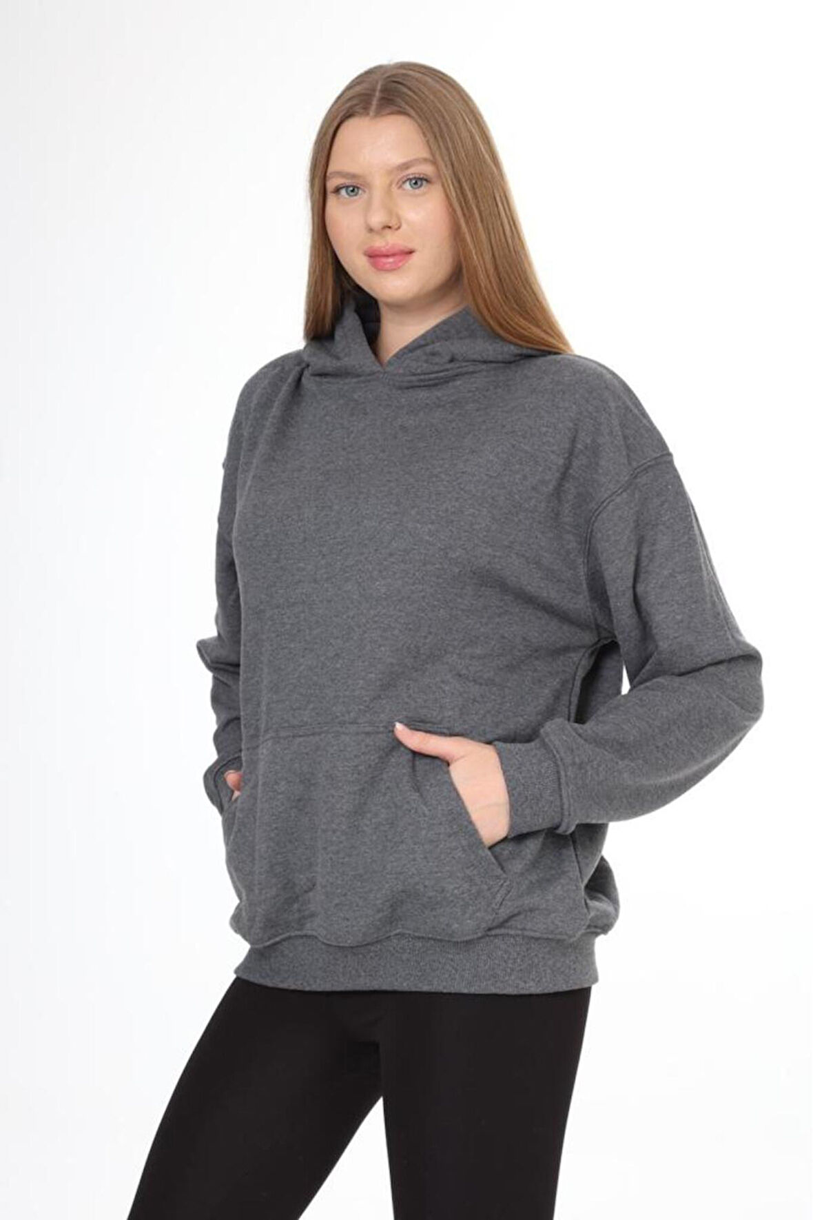 % 100 Pamuk Kadın Füme Antrasit Melanj Basic 3 iplik oversize kapüşonlu kangru cepli sweatshirt