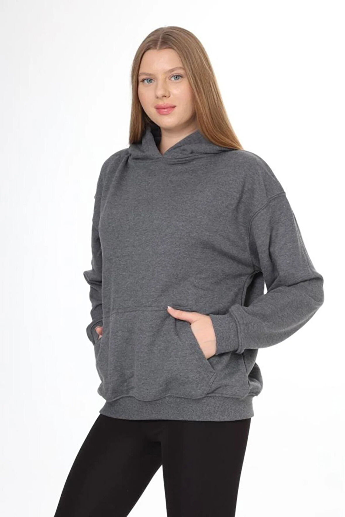 % 100 Pamuk Kadın Füme Antrasit Melanj Basic 3 iplik oversize kapüşonlu kangru cepli sweatshirt