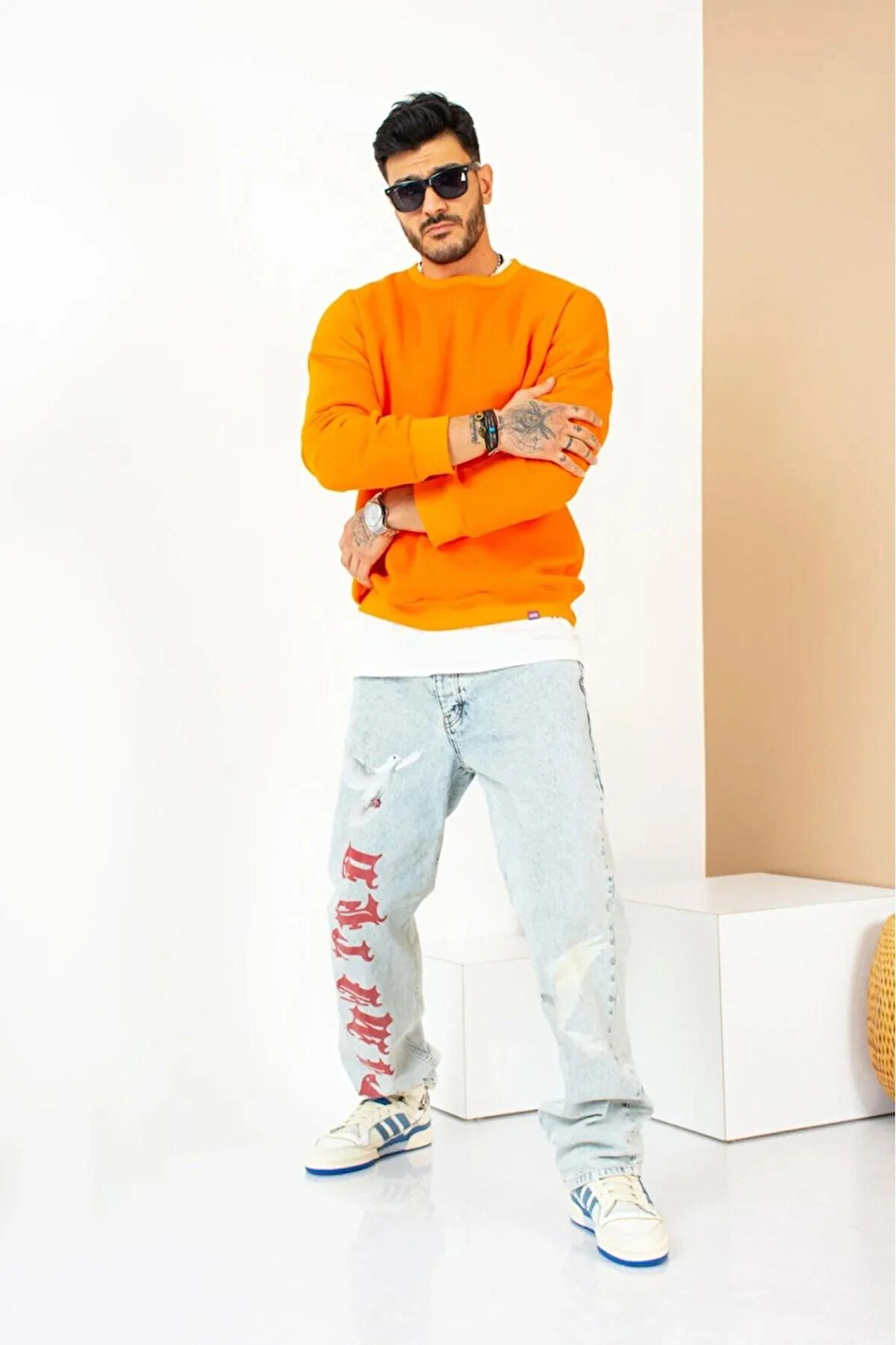 X Serüven Erkek 3 iplik Yüksek Kalite %100 Pamuk Turuncu Bisiklet Yaka Uzun Kol Basic Sweatshirt