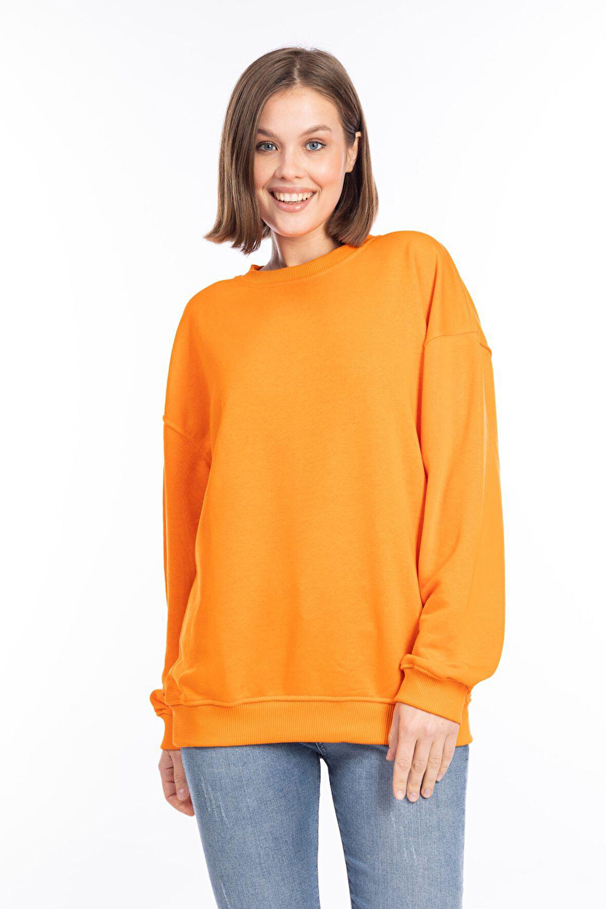 %100 Pamuk Kadın Turuncu 3iplik Basic Oversize bisiklet yaka uzun kol sweatshirt Yüksek Kalite oranj