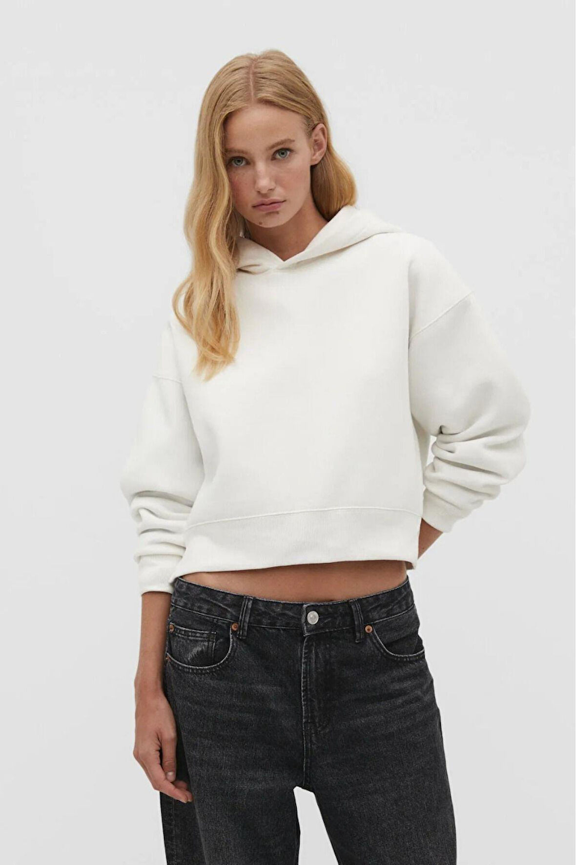 %100 pamuk Premium Kadın Ekru Kapüşonlu crop sweatshirt