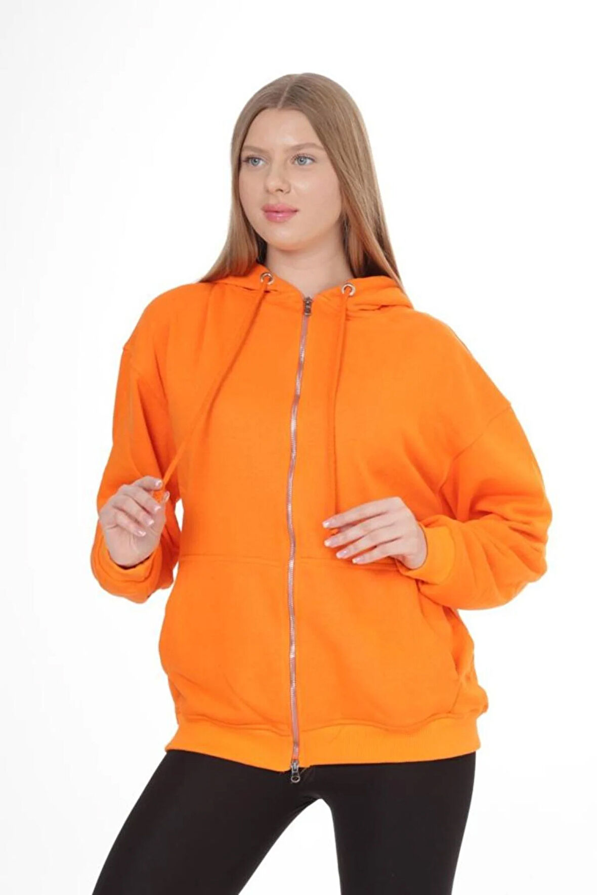 %100 Pamuk Ultra Kalite Oversize Kadın Turuncu 3 iplik Kapüşonlu Fermuarlı Cepli Sweatshirt Oranj