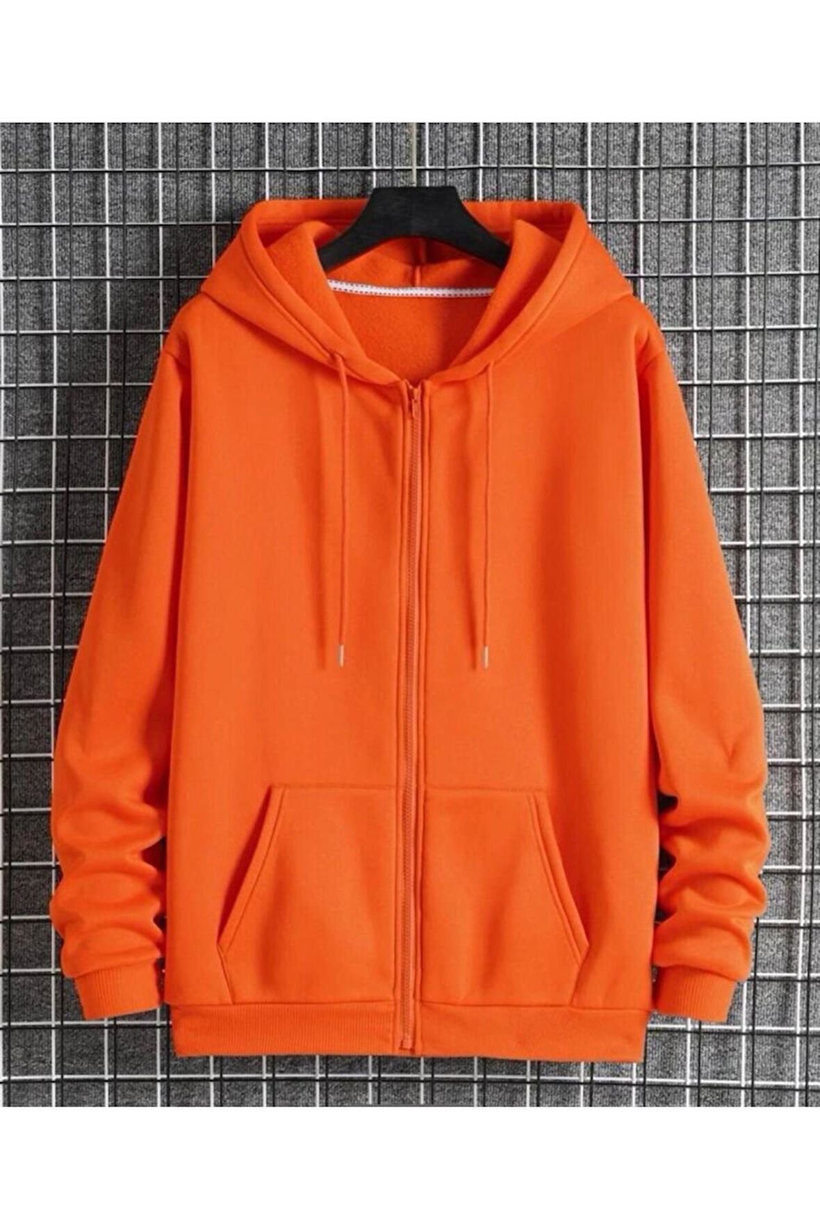 %100 Pamuk Ultra Kalite Erkek Turuncu 3 iplik Kapüşonlu Fermuarlı Cepli Sweatshirt Oranj