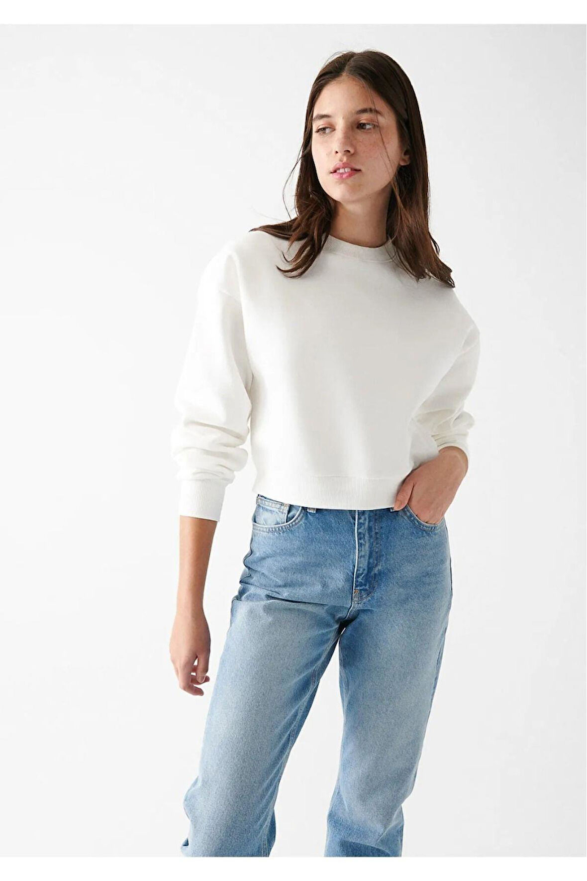 Kadın %100 Pamuk Ekru Ultra Kalite Diagonel Şardonsuz 3 iplik Bisiklet Yaka Basic Sweatshirt