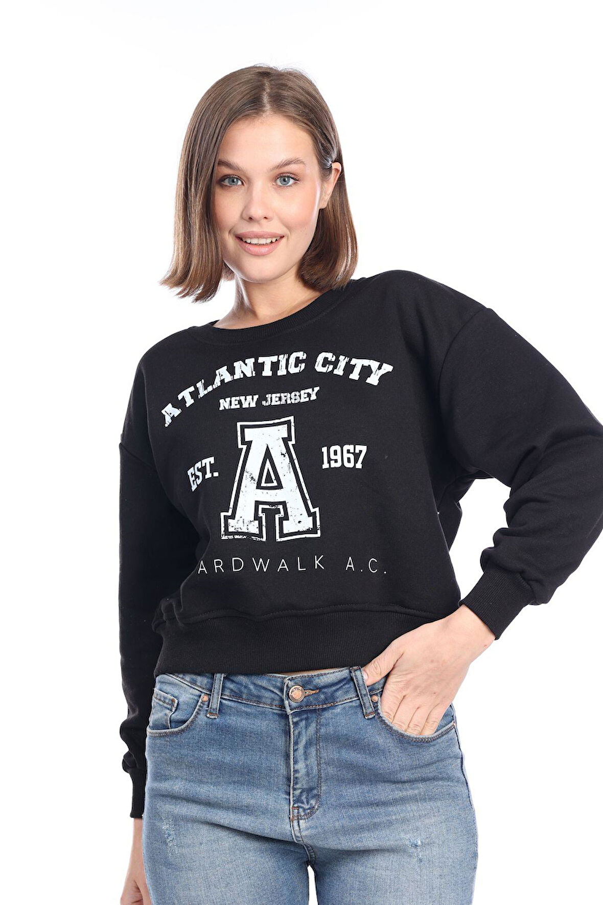 Kadın %100 Pamuk Baskılı Siyah Ultra Kalite Diagonel Şardonsuz 3iplik Bisiklet Yaka Basic Sweatshirt