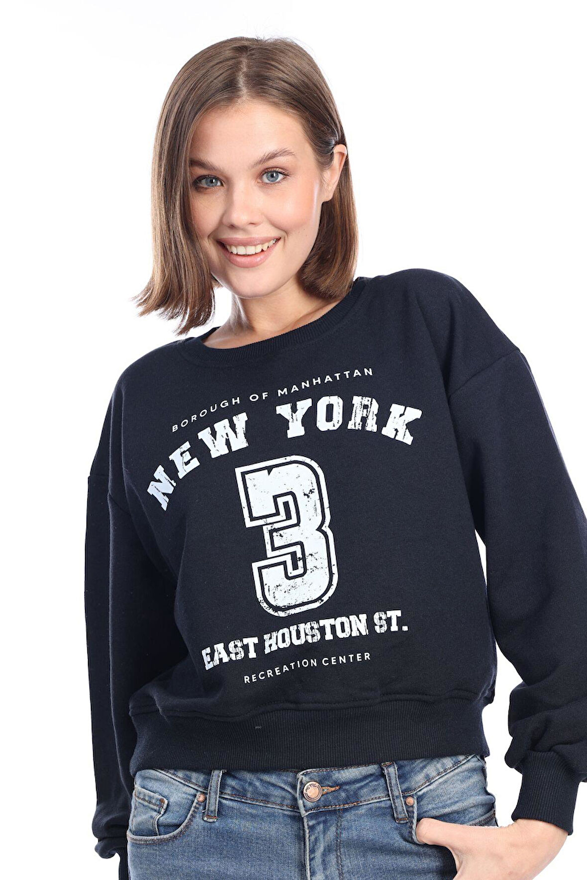 Kadın %100 Pamuk Baskılı Lacivert Ultra Kalite Şardonsuz 3 iplik Bisiklet Yaka Basic Sweatshirt