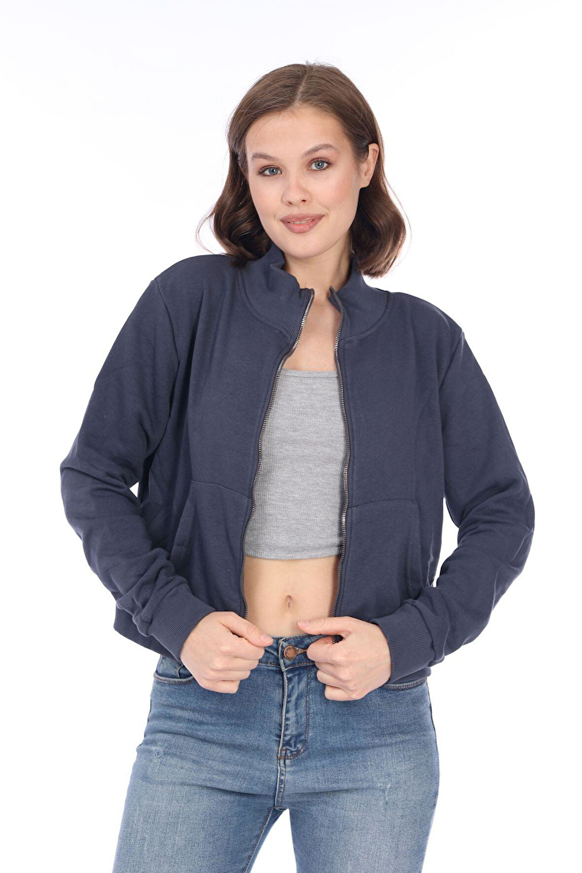 Kadın %100 Pamuk Antrasit Füme Şardonsuz 3 iplik Yumuşak Dokulu Fermuarlı Dik Yaka Sweatshirt