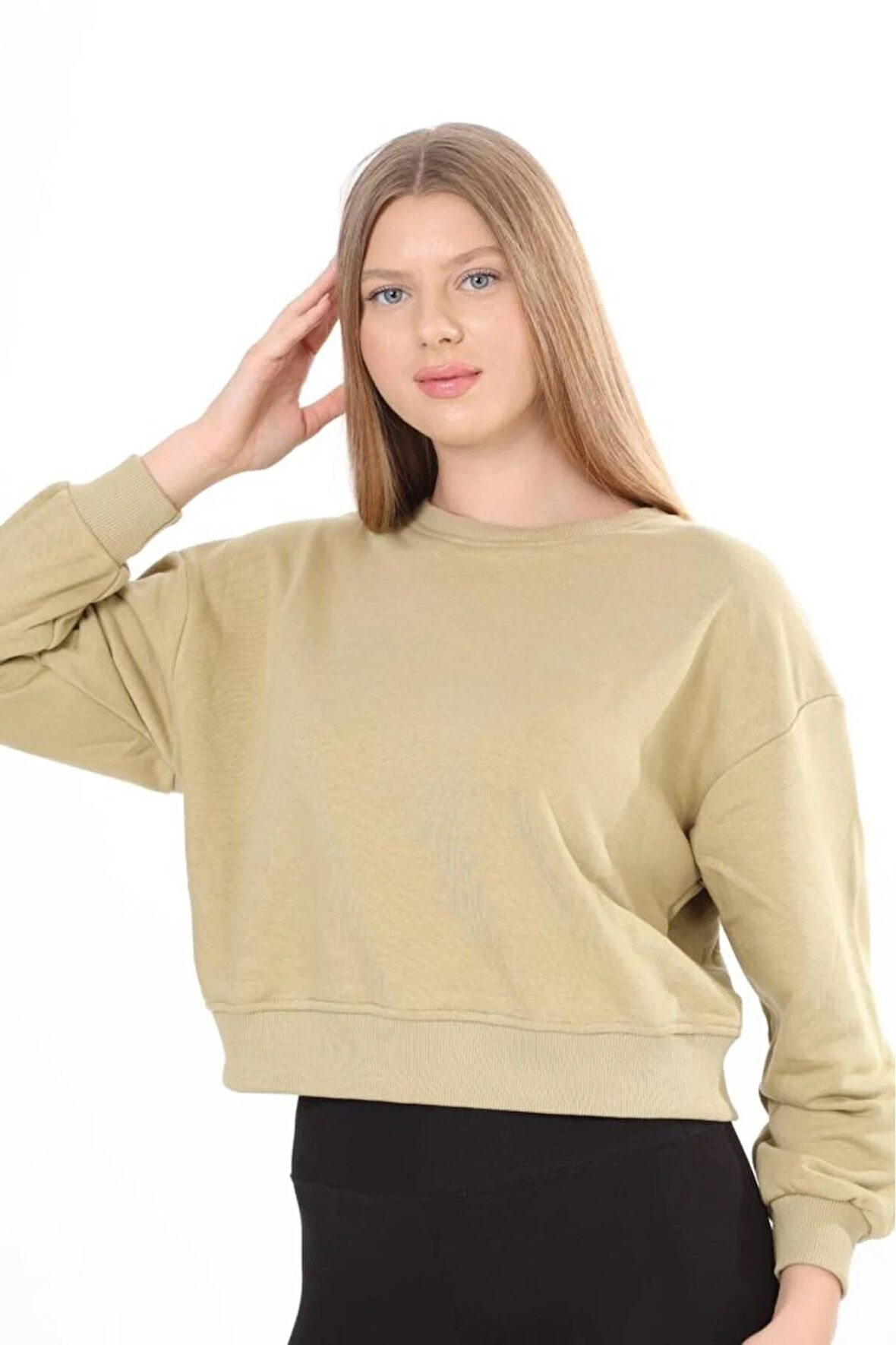 Kadın %100 Pamuk Açık Haki Ultra Kalite Diagonel Şardonsuz 3 iplik Bisiklet Yaka Basic Sweatshirt