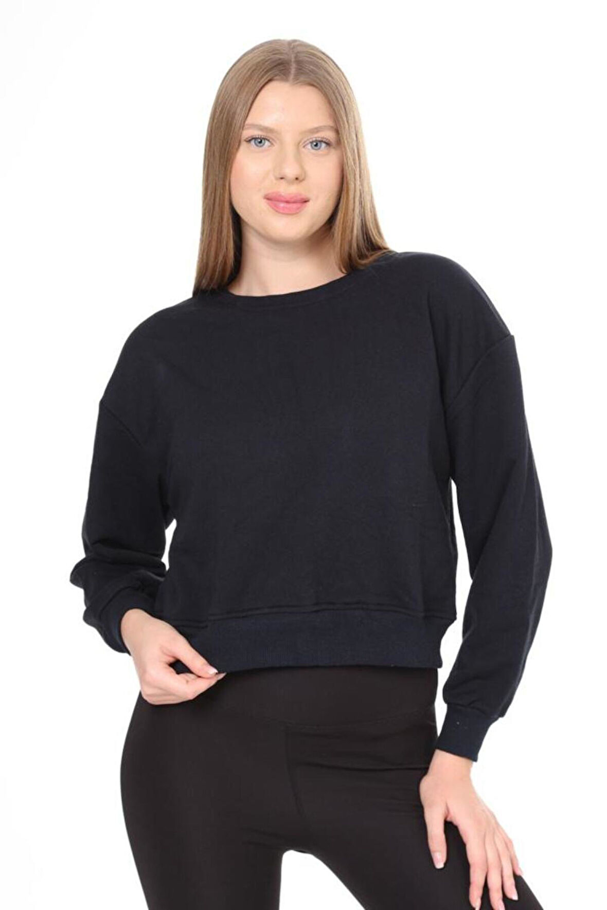 Kadın %100 Pamuk Koyu Lacivert Ultra Kalite Diagonel Şardonsuz 3iplik Bisiklet Yaka Basic Sweatshirt