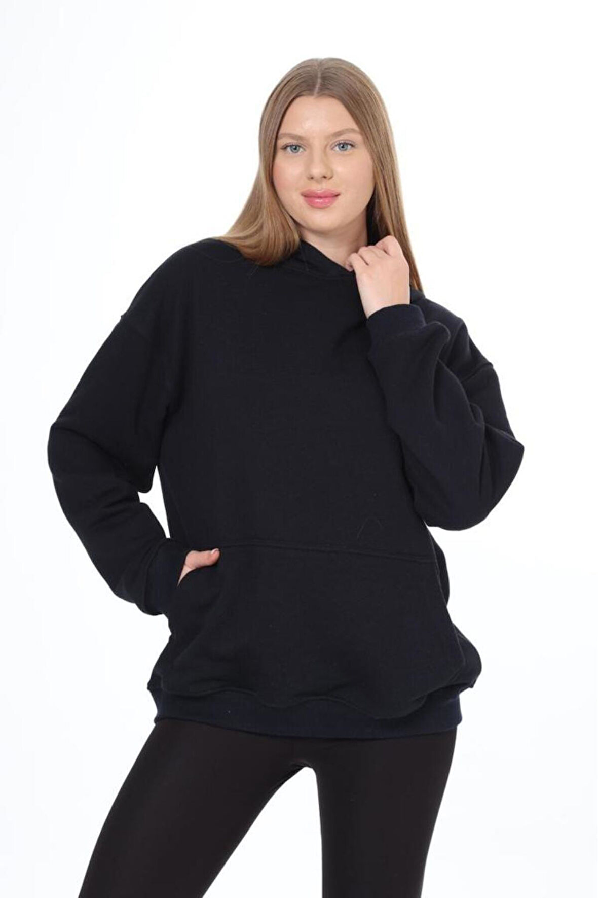 % 100 Pamuk Kadın Koyu Lacivert Şardonsuz Basic 3 iplik oversize kapüşonlu kangru cepli sweatshirt