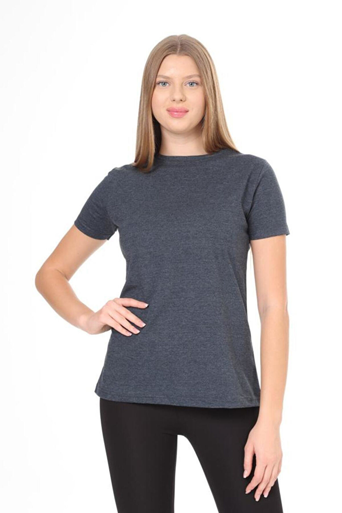 %100 Pamuk süper kalite kadın tişört düz renk Antrasit bisiklet yaka organik pamuk penye t-shirt
