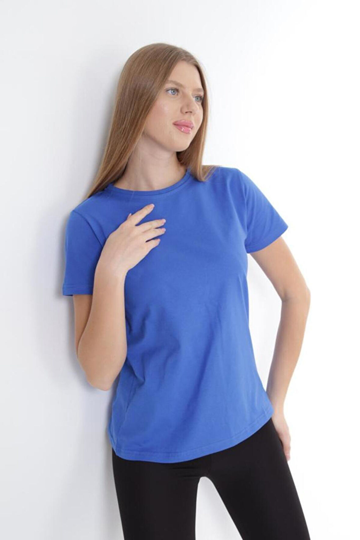 %100 Pamuk süper kalite kadın tişört düz renk Saks Mavi bisiklet yaka organik pamuk penye t-shirt