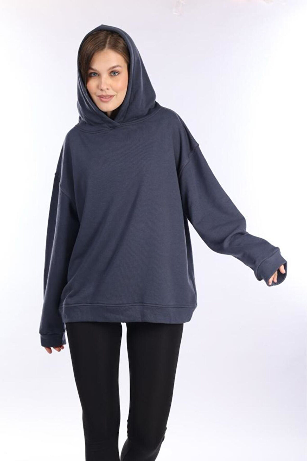 % 100 Pamuk Kadın Yumuşak Dokulu Füme Şardonsuz Basic 3 iplik oversize kapüşonlu sweatshirt