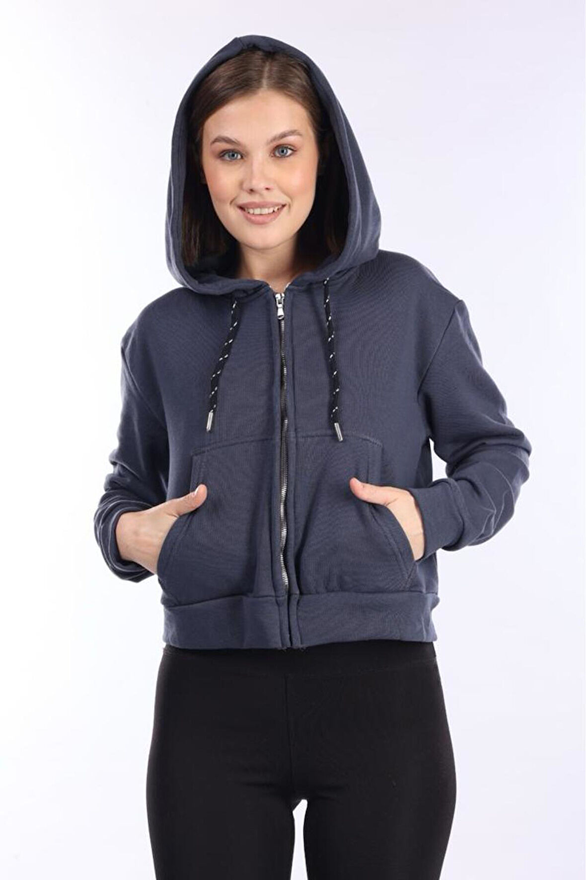 %100 Pamuk Şardonsuz Yüksek Kalite Füme 3 iplik Kapüşonlu Fermuarlı Cepli Kadın Crop Sweatshirt