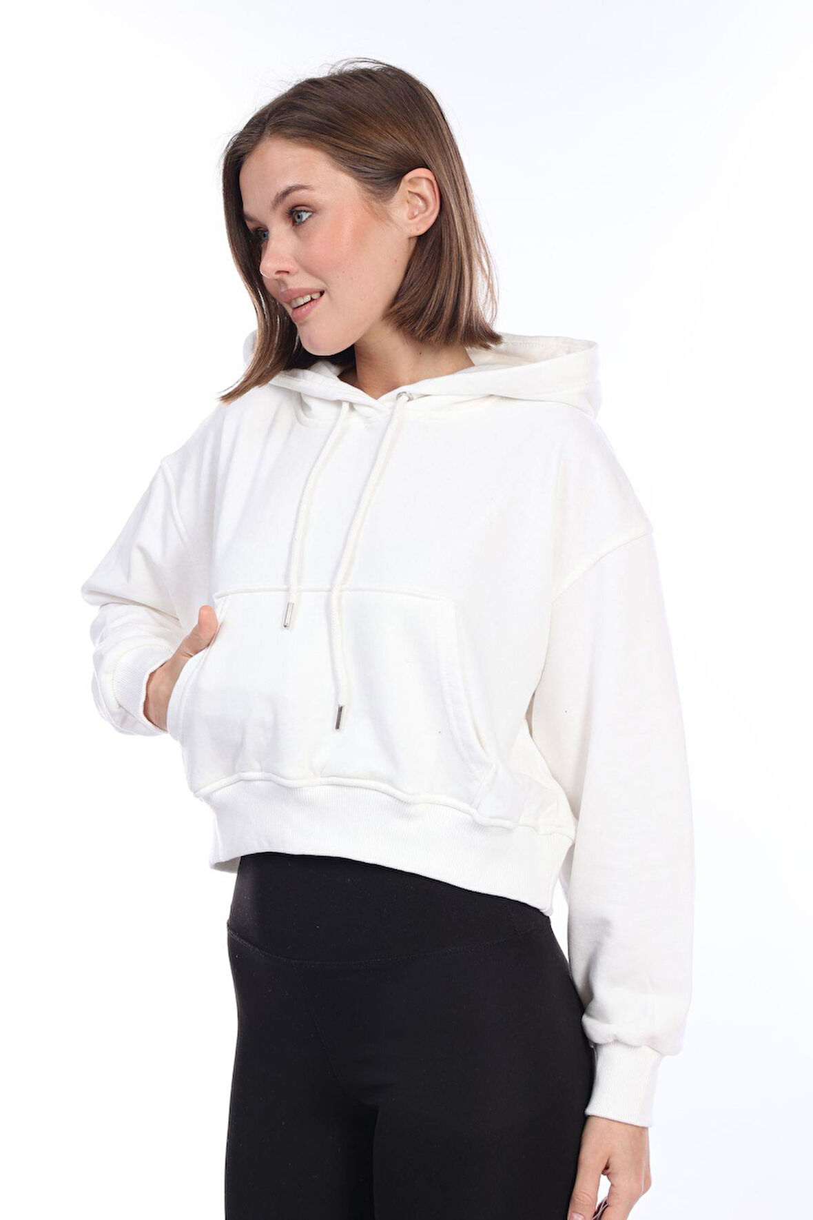 Premium Kalite %100 Pamuk Şardonsuz 3 iplik Ekru Kapüşonlu Kanguru Cepli Bağcıklı Crop Sweatshirt