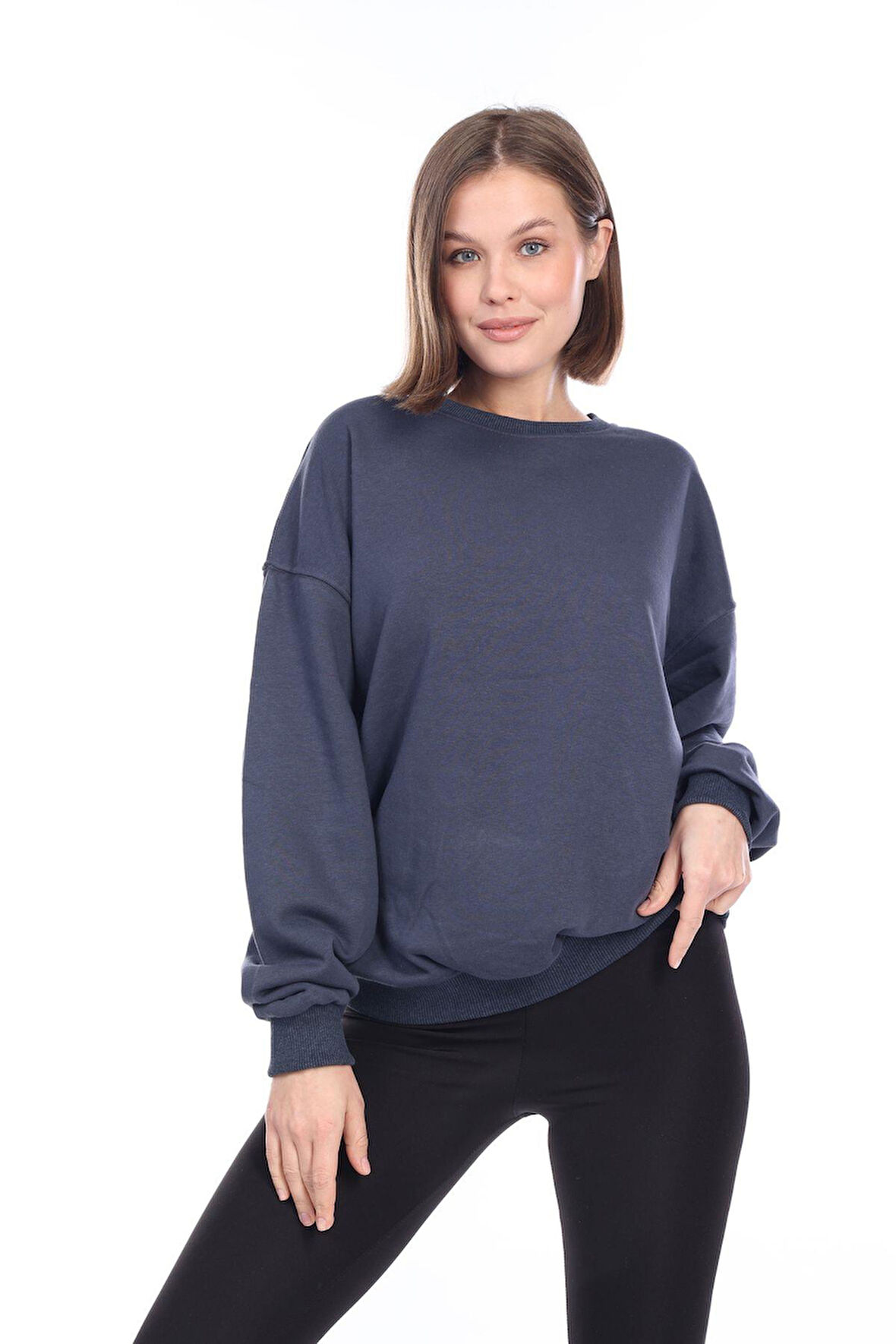 Kadın %100 Pamuk Şardonsuz Füme 3 iplik Basic Oversize bisiklet yaka uzun kol Sweatshirt