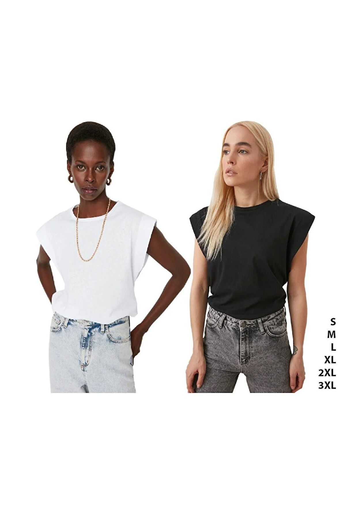 Siyah-Beyaz 2'li %100 Pamuk Vatka Görünümlü Koltukaltı Parçalı Basic Bisiklet Yaka Örme T-shirt