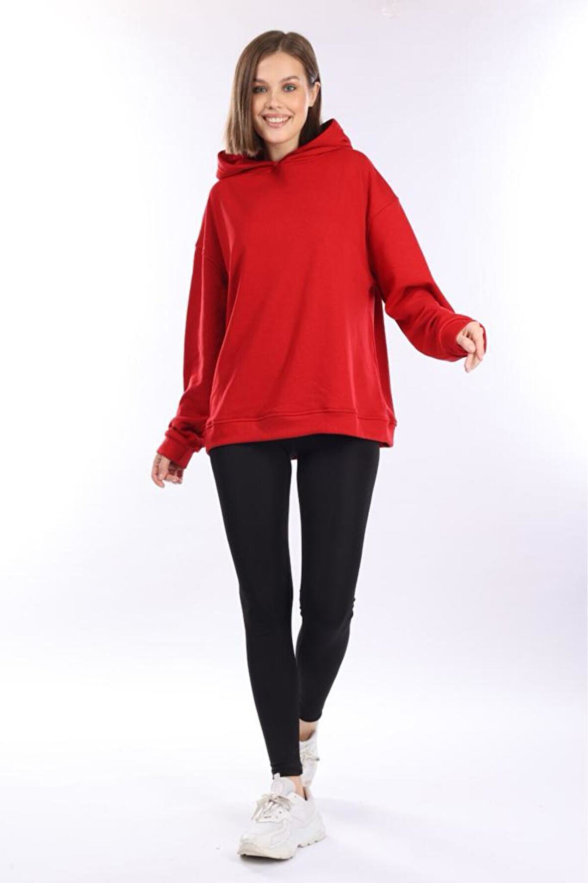 % 100 Pamuk Kadın Yumuşak Dokulu Kırmızı Şardonsuz Basic 3 iplik oversize kapüşonlu sweatshirt