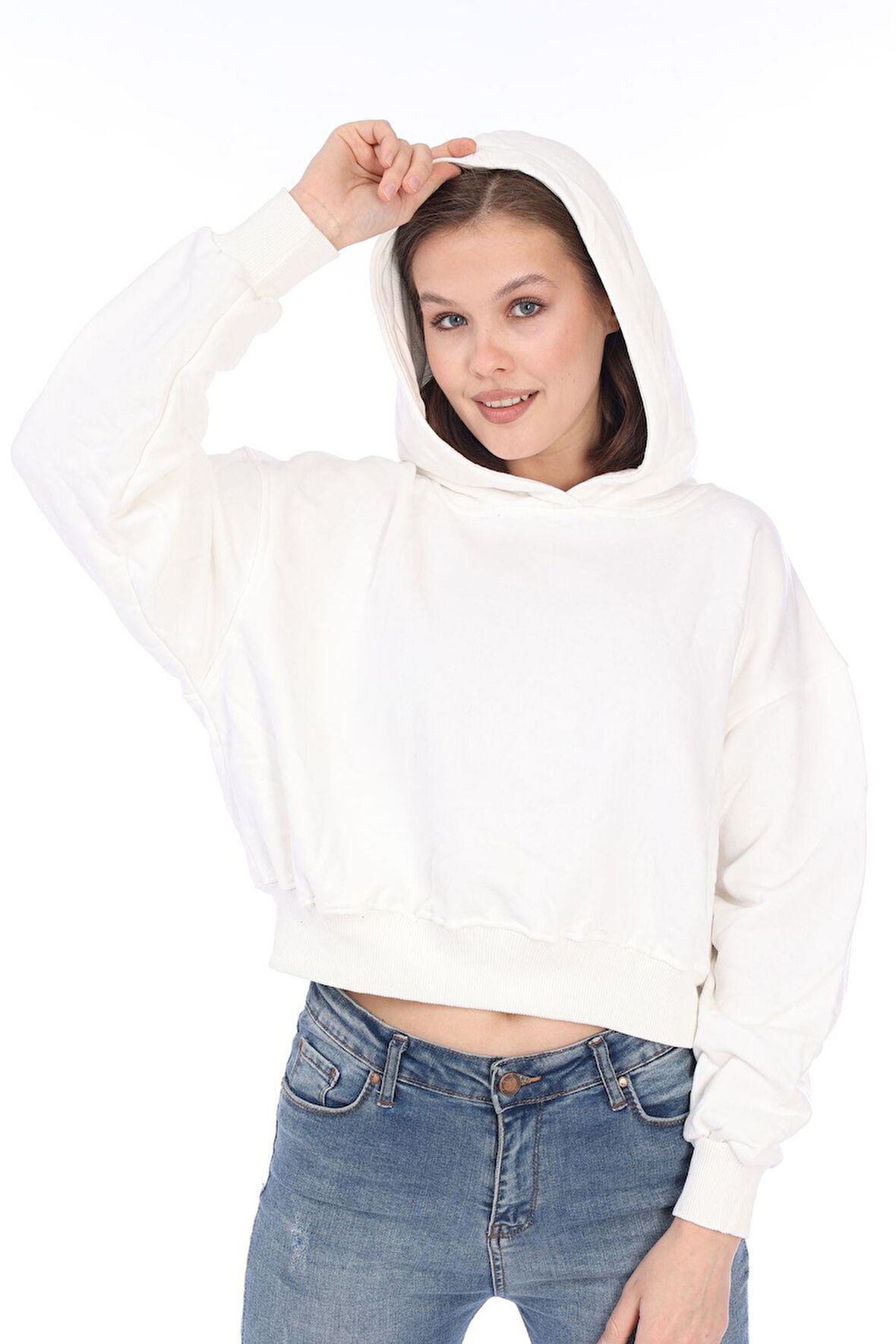 %100 pamuk Premium Kadın Şardonsuz Ekru Kapüşonlu crop sweatshirt