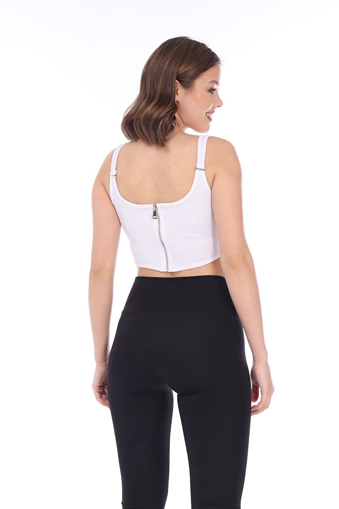 Kadın Beyaz Arkası Fermuarlı Fitilli Kaşkorse Crop Top