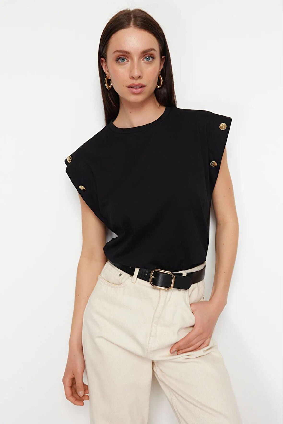 Siyah %100 Pamuk Düğmeli Vatka Görünümlü Basic Bisiklet Yaka Örme T-shirt